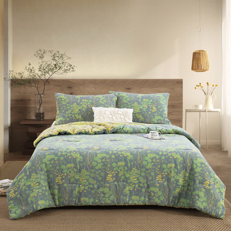 Ownkoti Cotton Gauze Pastoral Lotus Pond Bedding  - Quilt with 2pcs Pillowcases - King - image 0