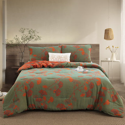 Ownkoti Rustic Ginkgo Leaf Cotton Gauze Bedding  - Quilt with 2pcs Pillowcases - Green & Orange - King - image 0