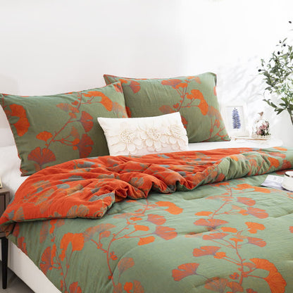Ownkoti Rustic Ginkgo Leaf Cotton Gauze Bedding  - 2pcs Pillowcases - Green & Orange - 20" x 36" - image 3