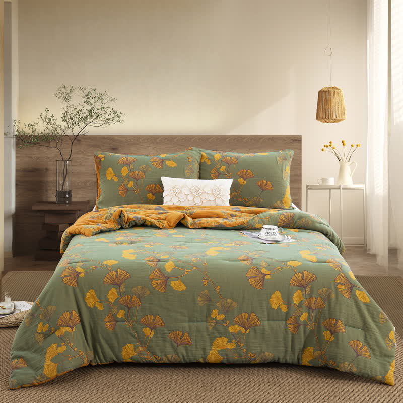 Ownkoti Rustic Ginkgo Leaf Cotton Gauze Bedding  - Quilt with 2pcs Pillowcases - Green & Yellow - King - image 18
