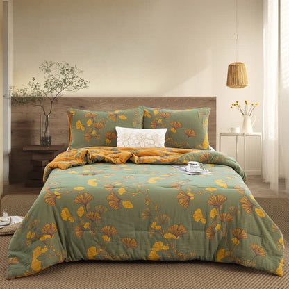 Ownkoti Rustic Ginkgo Leaf Cotton Gauze Bedding  - Quilt with 2pcs Pillowcases - Green & Yellow - King - image 18