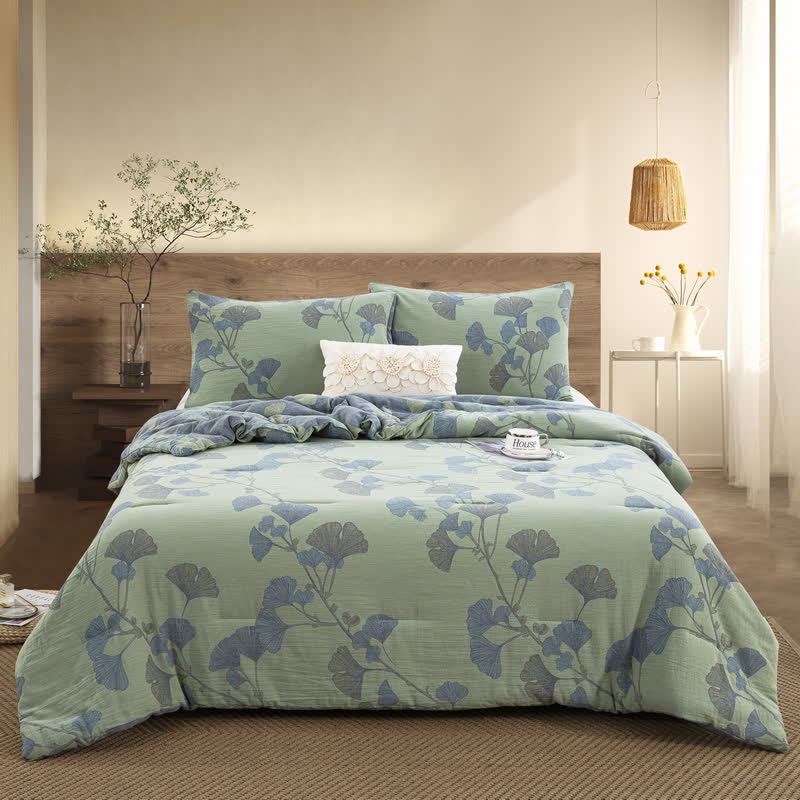 Ownkoti Rustic Ginkgo Leaf Cotton Gauze Bedding  - Quilt with 2pcs Pillowcases - Green - King - image 5