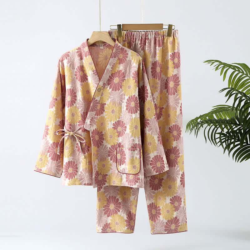 Pure Cotton Yarn-dyed Jacquard Loungewear Set - Yellow & Pink - XL - image 0