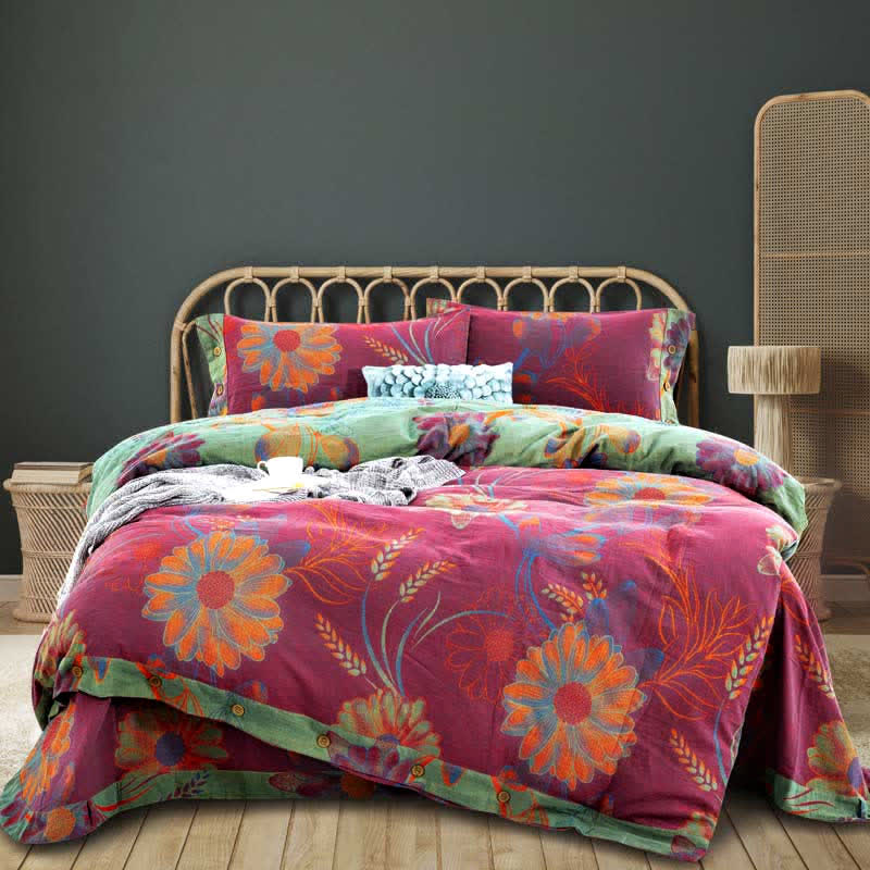 Ownkoti Floral Button Duvet Cover Bedsheet & Pillowcases (4PCS)