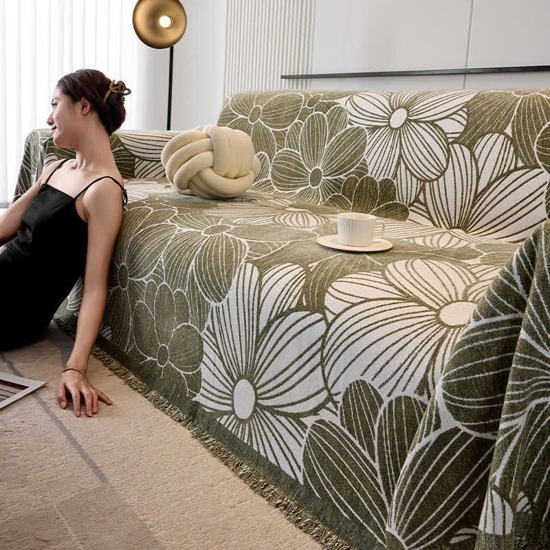 Chenille Jacquard Blooming Floral Sofa Protector - Dark Green - 71" x 181" - image 8