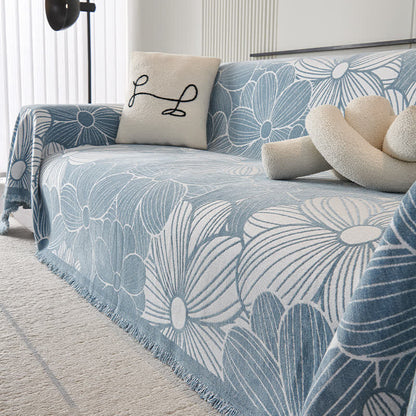 Chenille Jacquard Blooming Floral Sofa Protector - Blue - 71" x 181" - image 7