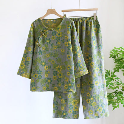 Ownkoti Yarn-dyed Pure Cotton Floral Nightwear Set - Gray & Green - XL - image 1