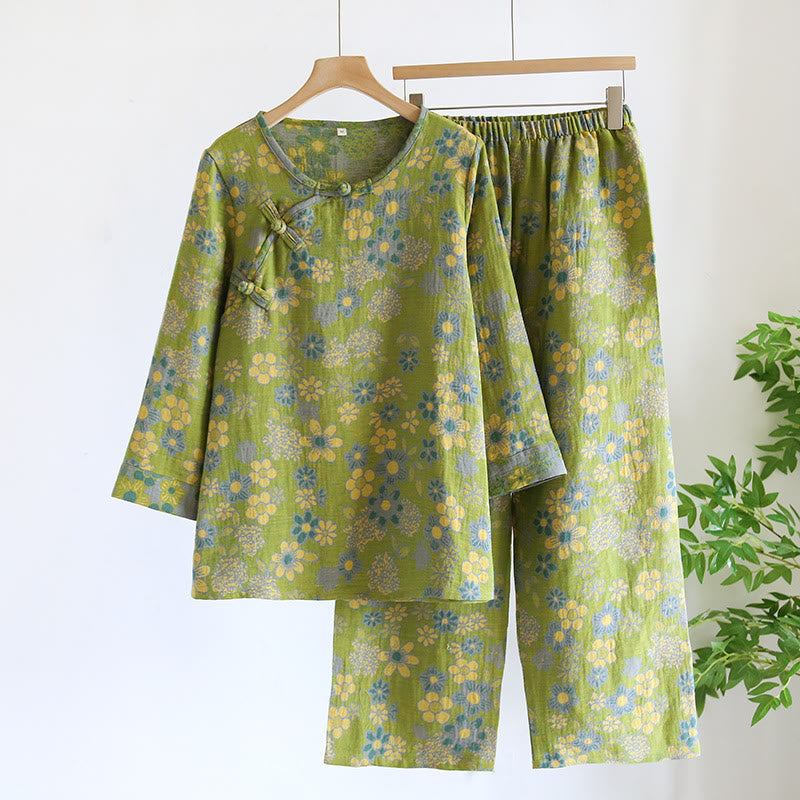 Ownkoti Yarn-dyed Pure Cotton Floral Nightwear Set - Green - XL - image 9