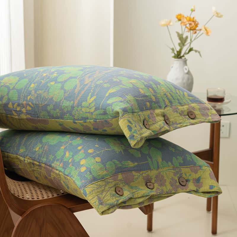 Ownkoti Lotus Pond Cotton Gauze Button Bedding Set (4PCS) - 2PCS Pillowcases: 18" x 29" - image 4