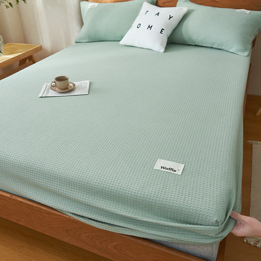 Ownkoti Pure Cotton Waffle Texture Fitted Sheet - Mint Green - Sheet with 2pcs Pillowcases - King - image 0
