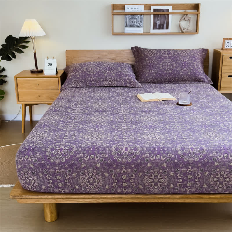 Ownkoti Pure Cotton Jacquard Vintage Fitted Sheet - Purple - Sheet with 2pcs Pillowcases - King - image 1