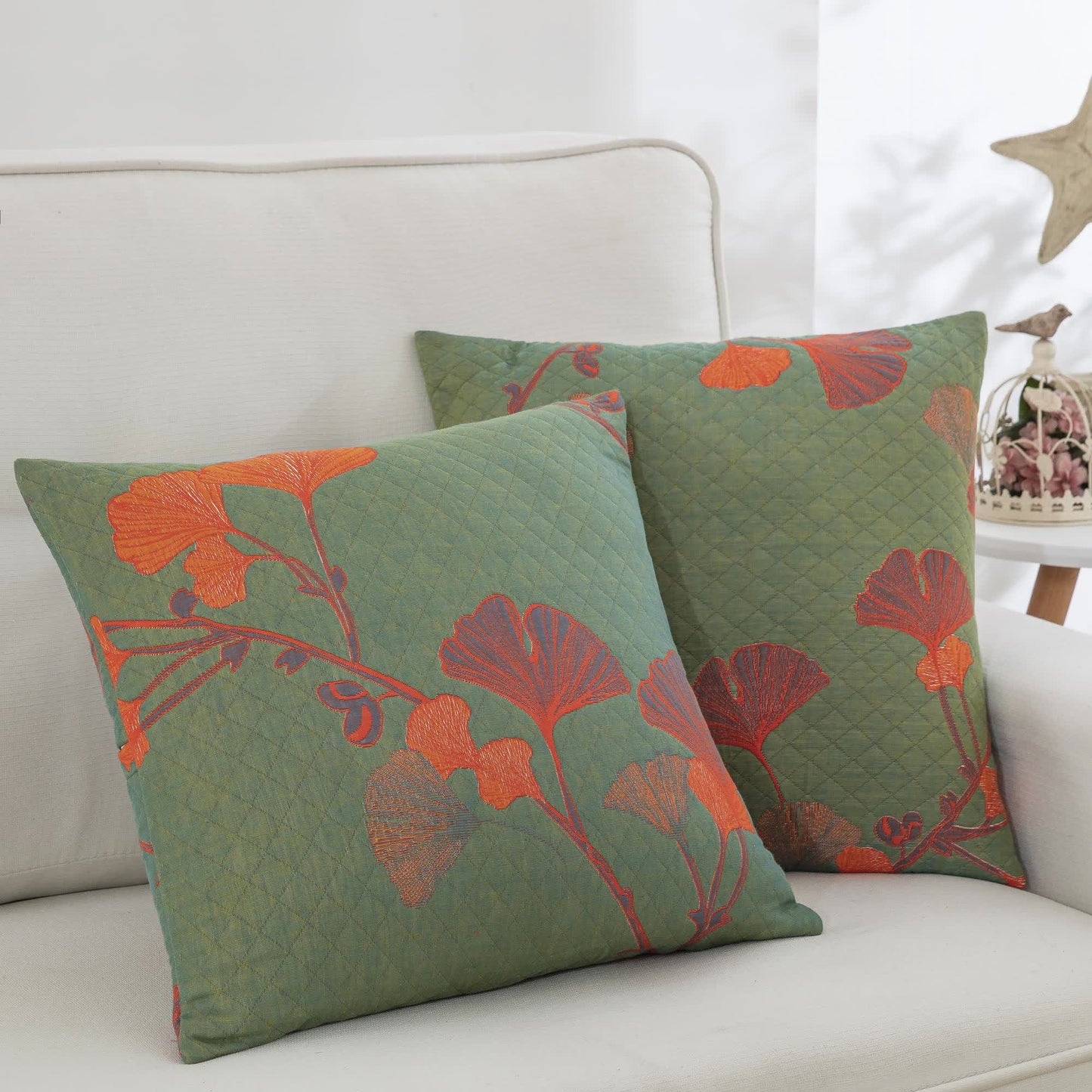 Ownkoti Cotton Gauze Jacquard Ginkgo Leaf Pillowcases(2PCS) - Green & Orange - 18" x 18" - image 0
