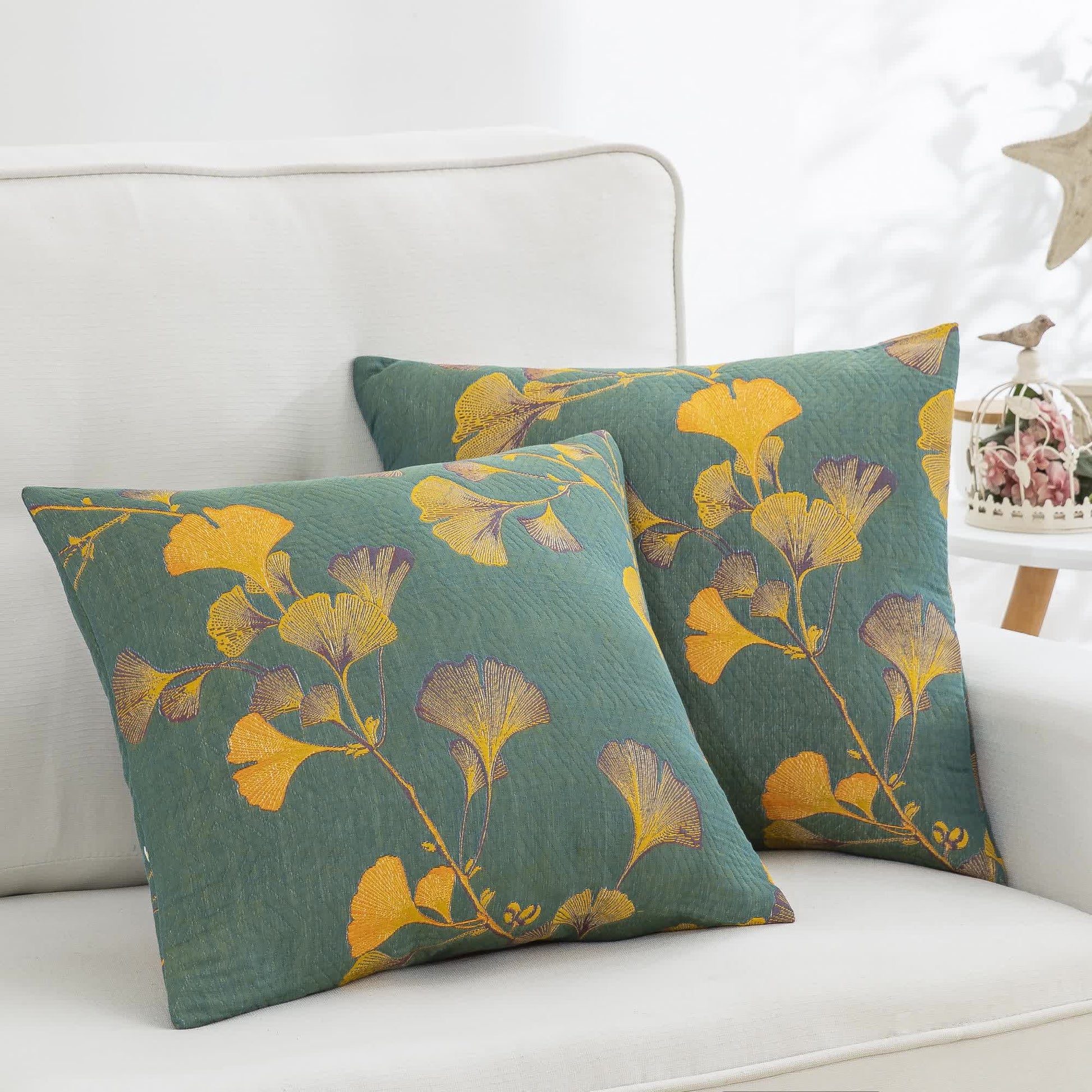 Ownkoti Cotton Gauze Jacquard Ginkgo Leaf Pillowcases(2PCS) - Green & Yellow - 18" x 18" - image 8