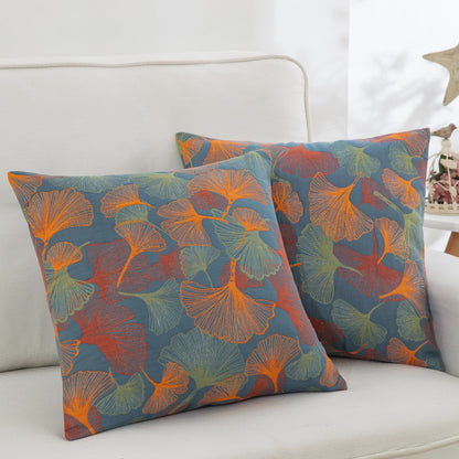 Ownkoti Yarn-dyed Ginkgo Leaf Cotton Gauze Pillowcases(2PCS) - Dark Blue & Orange - 18" x 18" - image 0