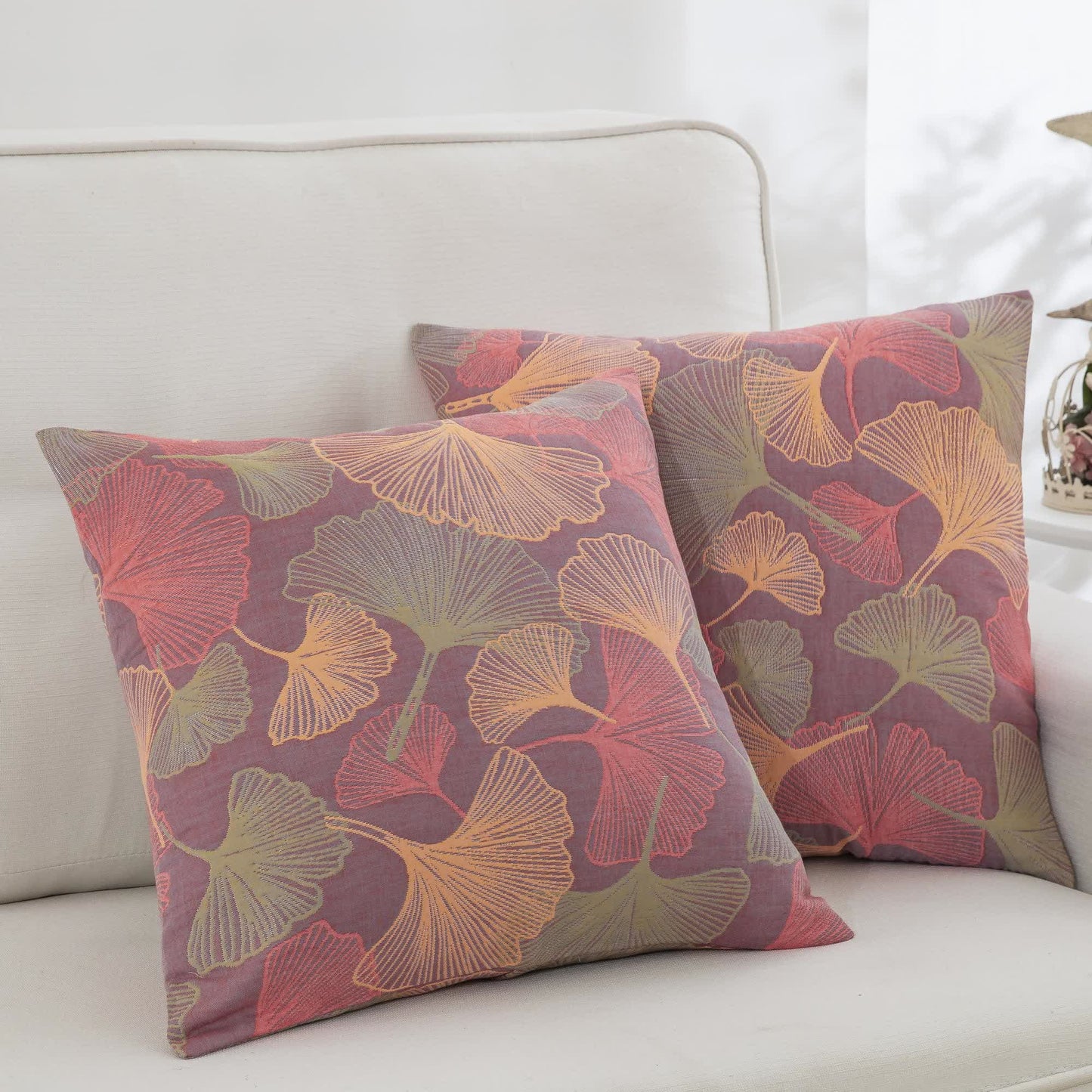 Ownkoti Yarn-dyed Ginkgo Leaf Cotton Gauze Pillowcases(2PCS) - Purple & Pink - 18" x 18" - image 6