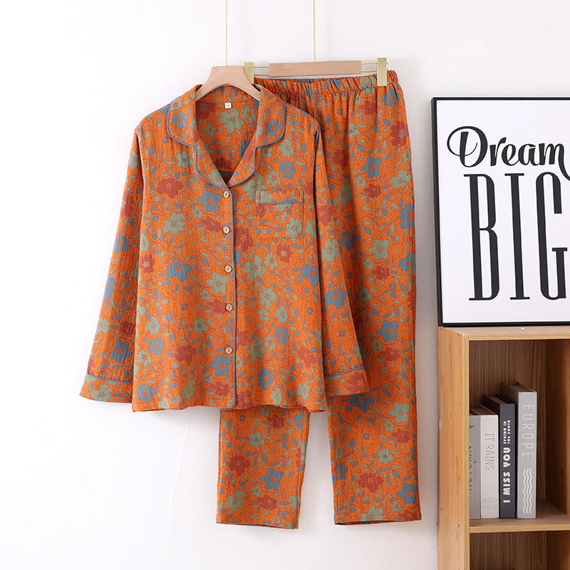 Ownkoti Retro Floral Cotton Gauze Cardigan Pajama Set - Orange - L - image 1