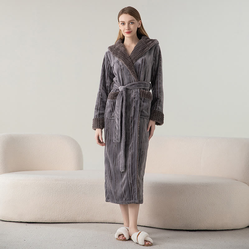 Ownkoti Fleece Hooded Winter Long Bathrobe - Dark Gray - Women XL - image 5