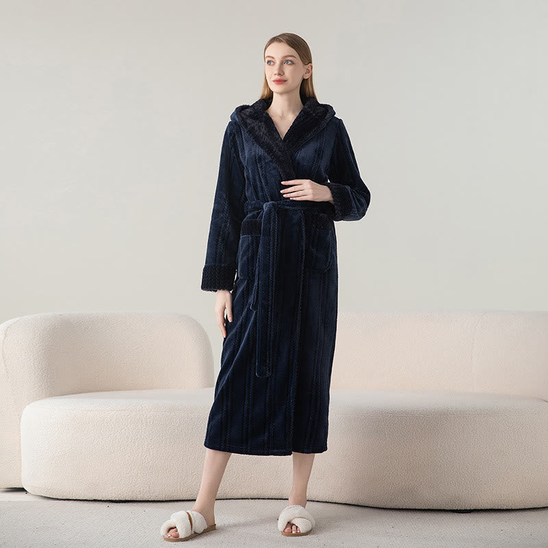 Fleece Hooded Winter Long Bathrobe - Navy Blue - Women M - image 8