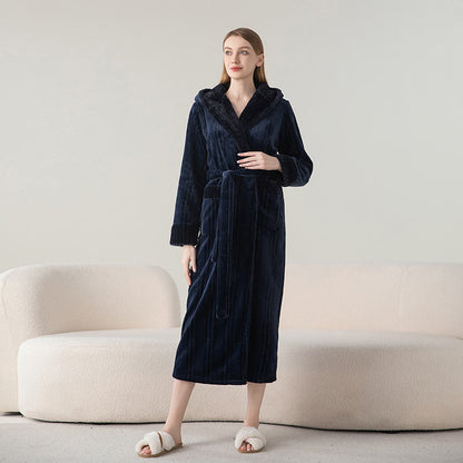 Fleece Hooded Winter Long Bathrobe - Navy Blue - Women M - image 8