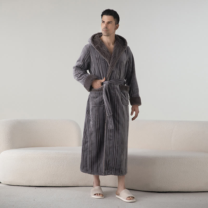 Ownkoti Fleece Hooded Winter Long Bathrobe - Dark Gray - Men XL - image 6