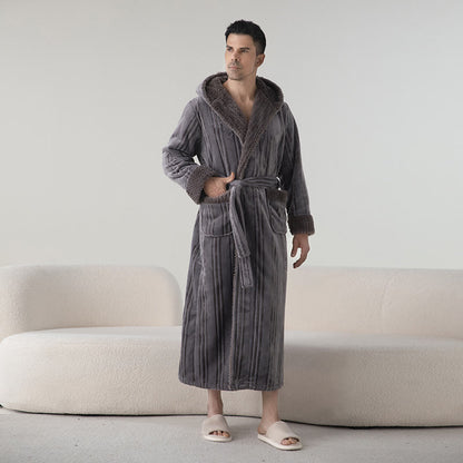 Ownkoti Fleece Hooded Winter Long Bathrobe - Dark Gray - Men XL - image 6