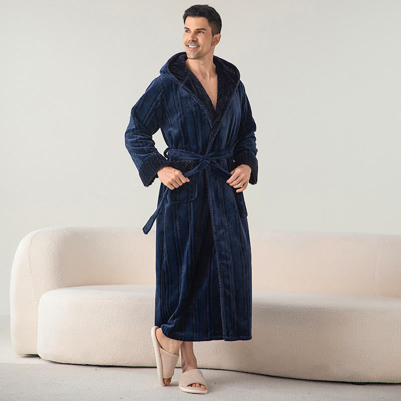 Fleece Hooded Winter Long Bathrobe - Navy Blue - Men L - image 9