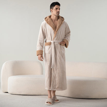 Ownkoti Fleece Hooded Winter Long Bathrobe - Beige - Men XL - image 3