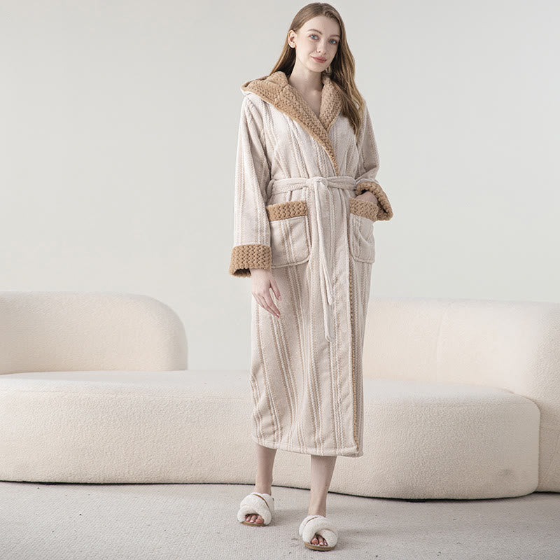 Ownkoti Fleece Hooded Winter Long Bathrobe - Beige - Women XL - image 2