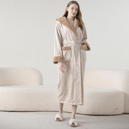 Ownkoti Fleece Hooded Winter Long Bathrobe - Beige - Women XL - image 2
