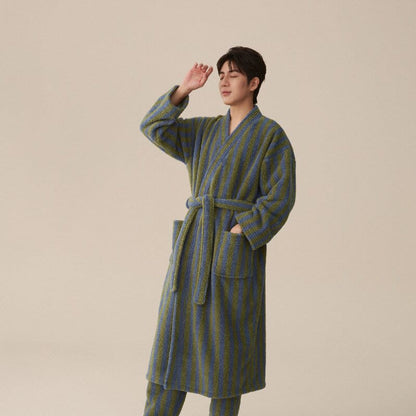 Ownkoti Winter Fleece Modern Stripe Warm Bathrobe - Bathrobe - Dark Green - Men XXL - image 2