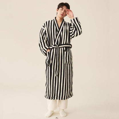 Ownkoti Winter Fleece Modern Stripe Long Bathrobe - Bathrobe with pants - Black & White - Men XXL - image 9