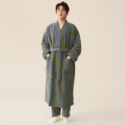 Winter Fleece Modern Stripe Long Bathrobe - Bathrobe with pants - Dark Green - Men L - image 3