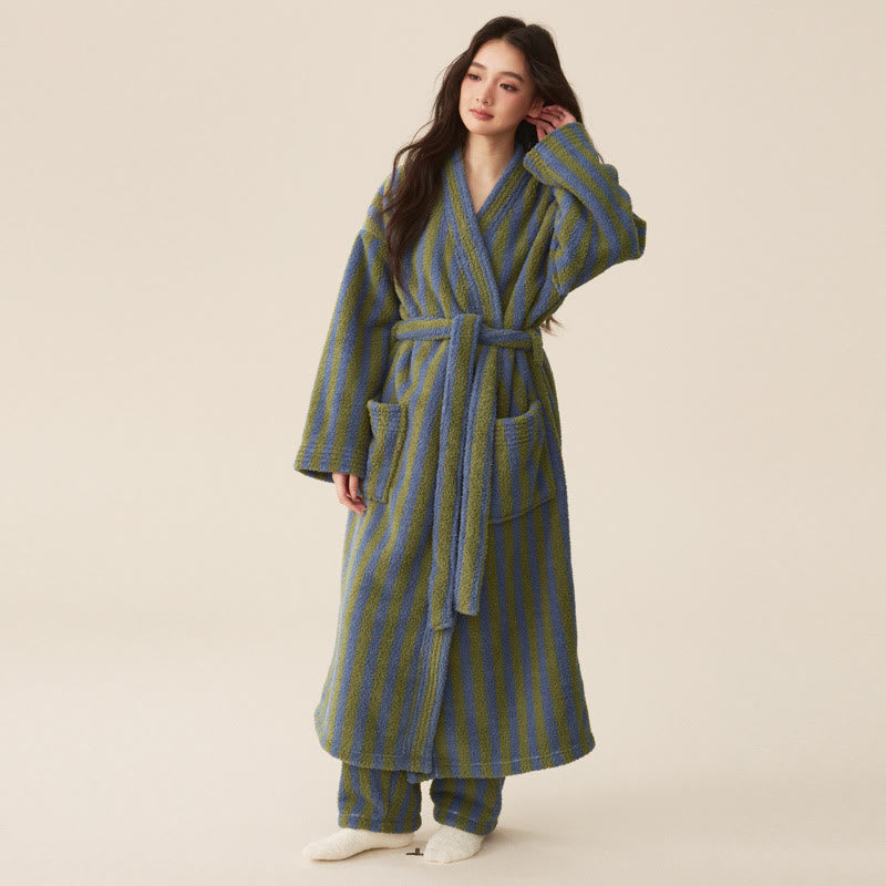 Ownkoti Winter Fleece Modern Stripe Warm Bathrobe - Bathrobe with pants - Dark Green - Men XXL - image 1