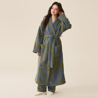 Ownkoti Winter Fleece Modern Stripe Warm Bathrobe - Bathrobe with pants - Dark Green - Men XXL - image 1