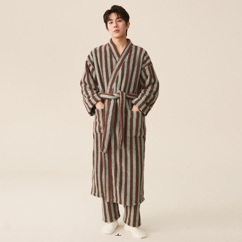 Ownkoti Winter Fleece Modern Stripe Warm Bathrobe - Bathrobe with pants - Mint Green & Brown - Women M - image 5