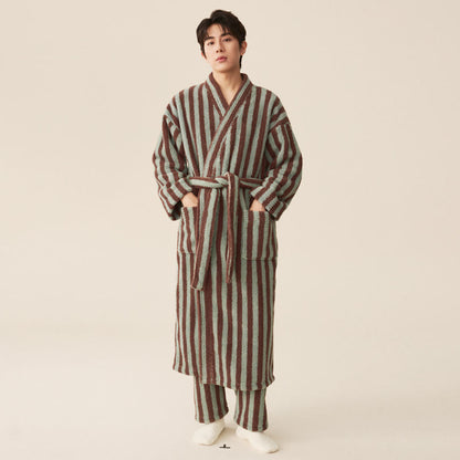 Ownkoti Winter Fleece Modern Stripe Warm Bathrobe - Bathrobe with pants - Mint Green & Brown - Women M - image 5