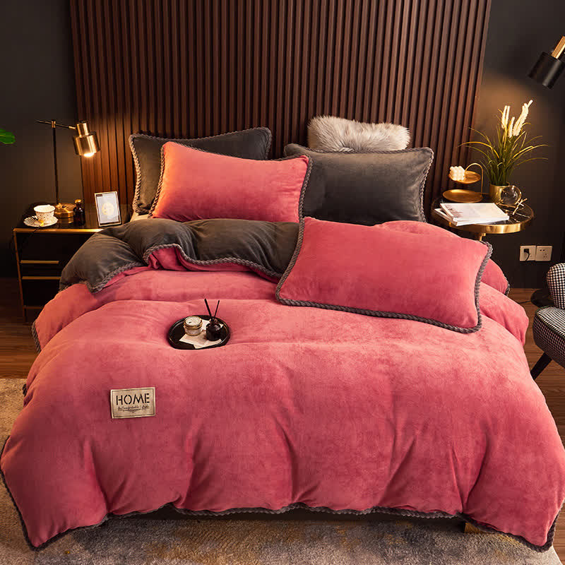 Ownkoti Solid Color Warm Flannel Bedding Set(4PCS) - Red Bean Paste - 1pc Duvet Cover - King - image 10