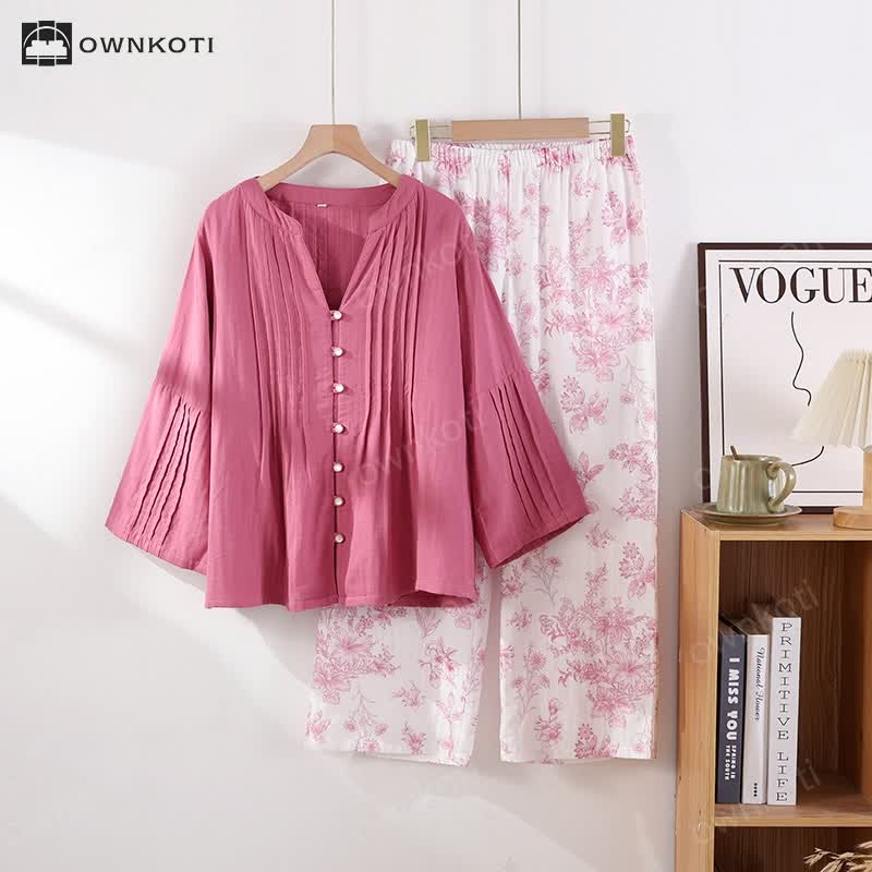 Ownkoti Floral Casual Cotton Gauze Pajama Set