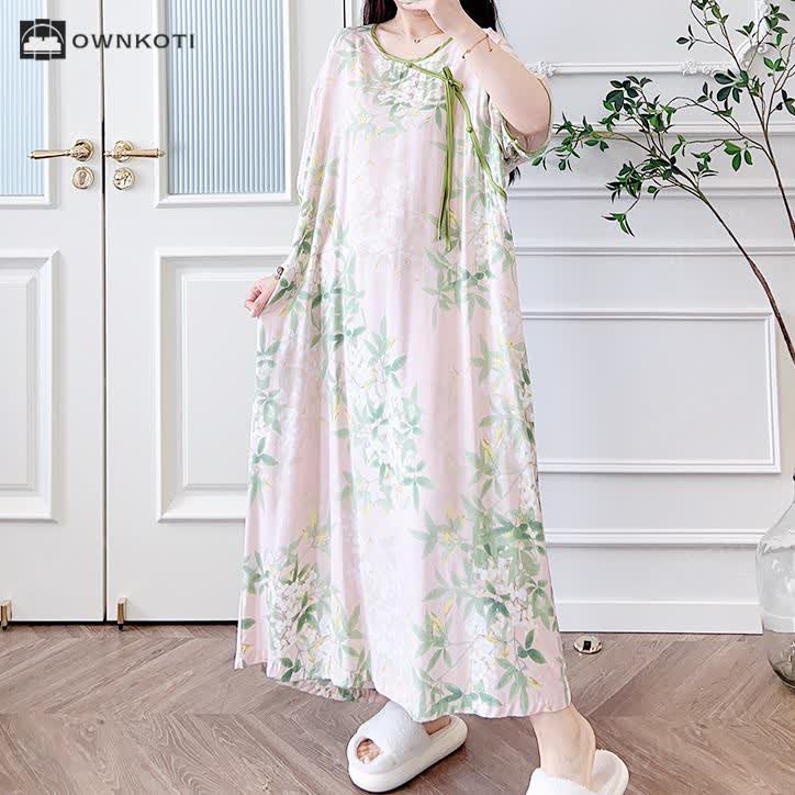 Ownkoti Plus Size Refresh Pastoral Long Nightgown