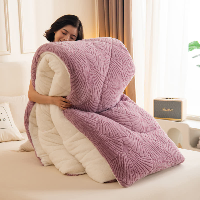 Sherpa Jacquard Ginkgo Leaf  Blanket with Quilt Core - Purple - Queen - image 17