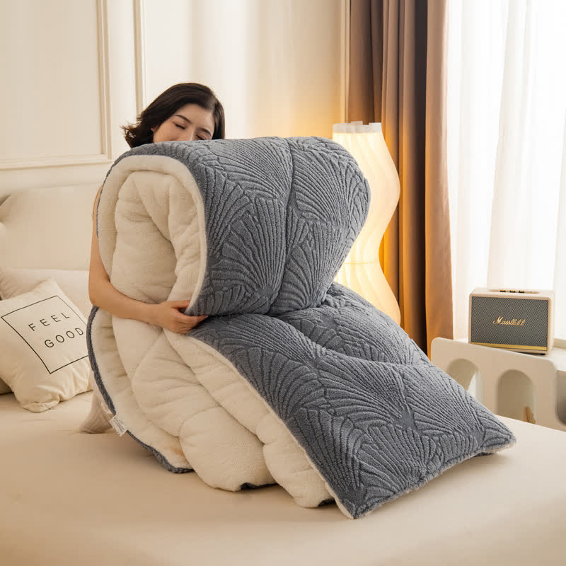 Sherpa Jacquard Ginkgo Leaf  Blanket with Quilt Core - Gray - Queen - image 15