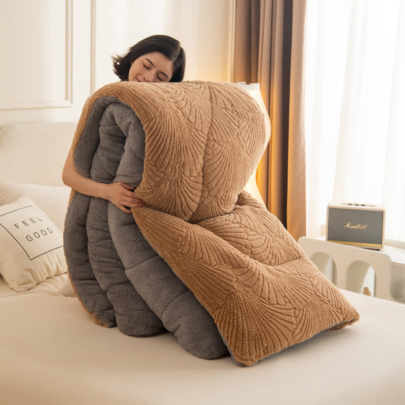 Sherpa Jacquard Ginkgo Leaf  Blanket with Quilt Core - Coffee - Queen - image 8