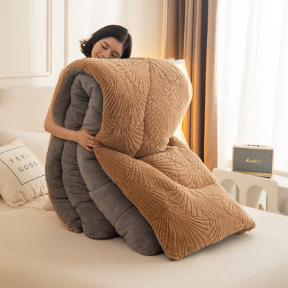 Sherpa Jacquard Ginkgo Leaf  Blanket with Quilt Core - Coffee - Queen - image 8