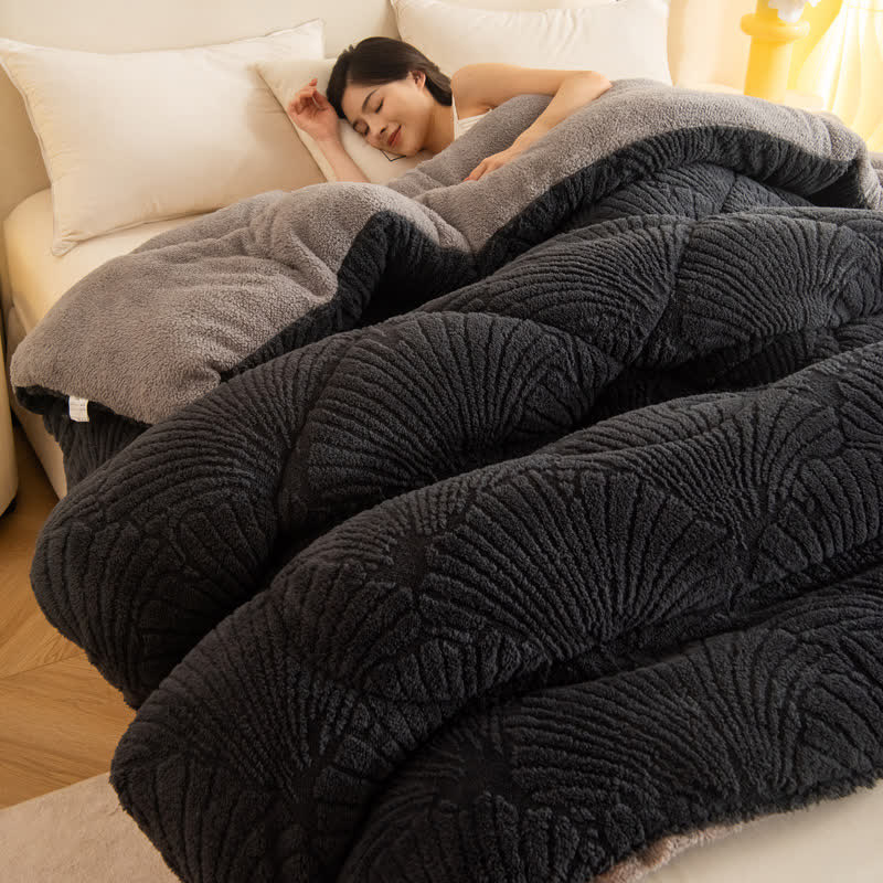 Sherpa Jacquard Ginkgo Leaf  Blanket with Quilt Core - Dark Gray - Queen - image 1