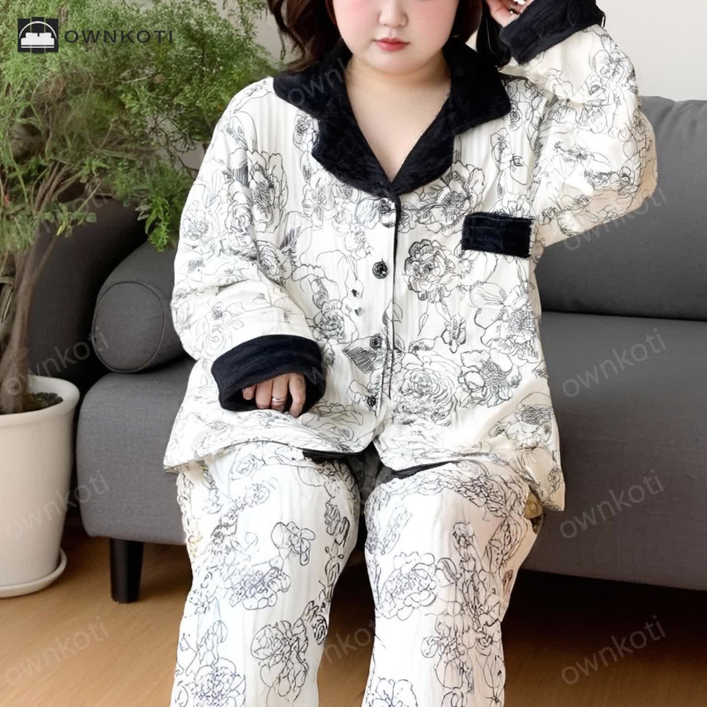 Ownkoti Plus Size Soft Breathable Pastoral Pajama Set