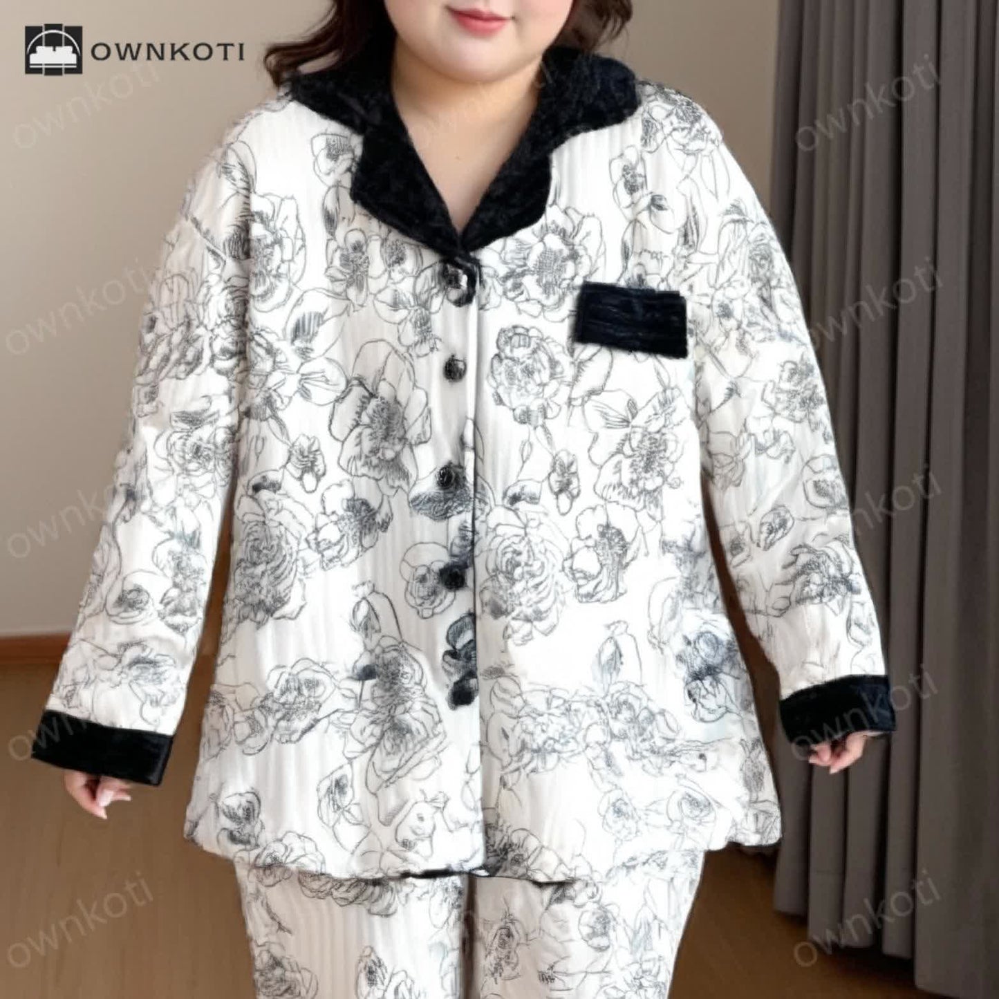Ownkoti Plus Size Soft Breathable Pastoral Pajama Set