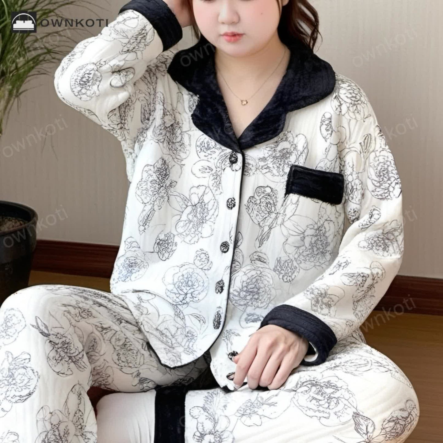 Ownkoti Plus Size Soft Breathable Pastoral Pajama Set