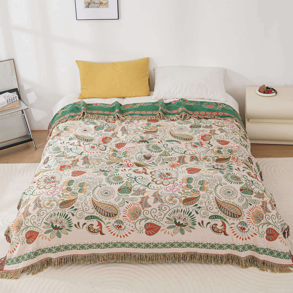 Ownkoti Tassel Retro Paisley Cotton Gauze Quilt - Beige & Dark Green - Full - image 0