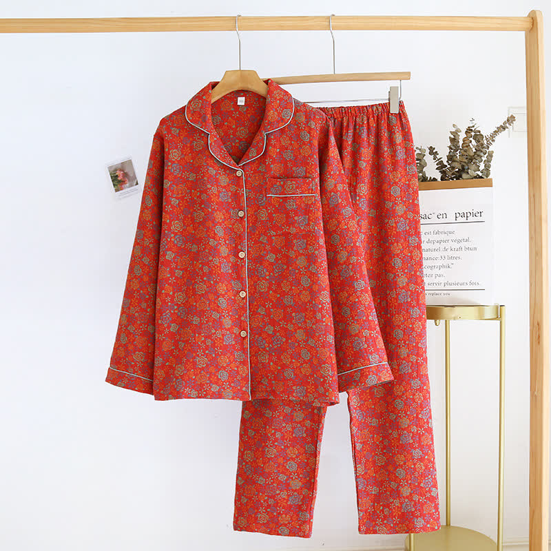 Ownkoti Rose Flower Cotton Lapel Nightwear Set - Red - L - image 0