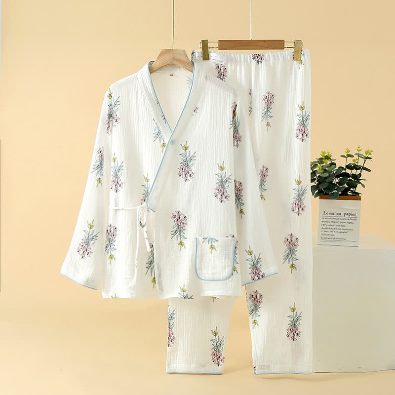 Ownkoti Floral Lily Kimono Cotton Gauze Pajama Set